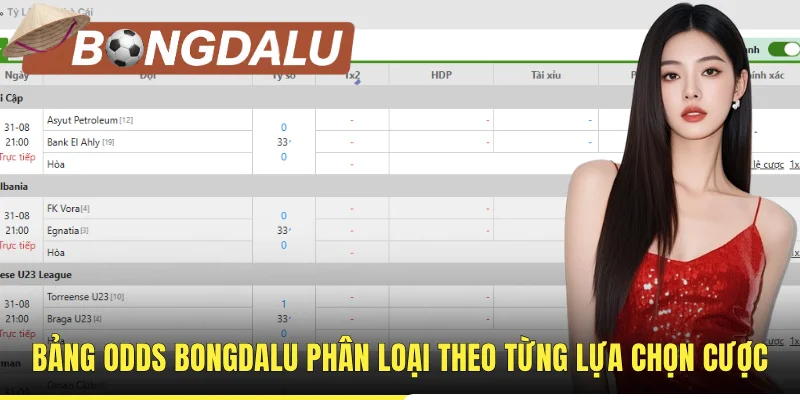 Bảng odds Bongdalu phân loại theo từng lựa chọn cược